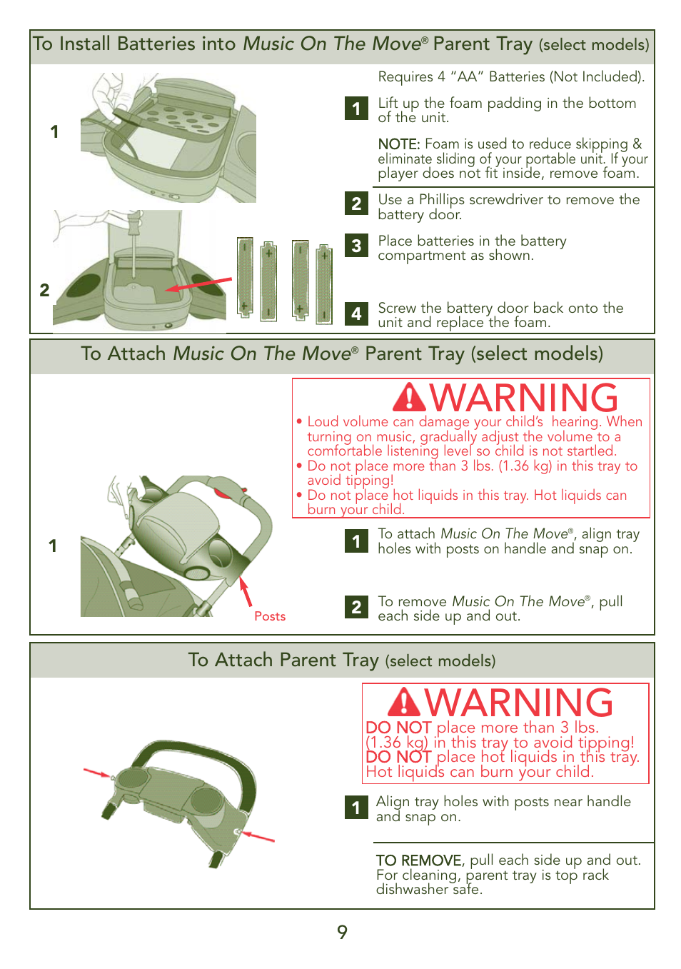 Warning, 9to install batteries into music on the move, Parent tray | Parent tray (select models) | Kolcraft JEEP S45J-T 5/07 User Manual | Page 9 / 45