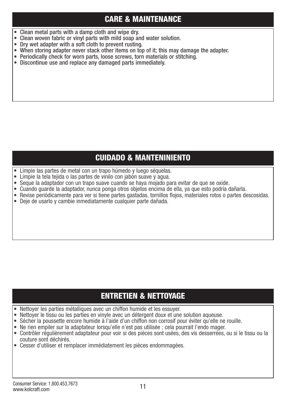 Entretien & nettoyage, Care & maintenance, Cuidado & manteniniento | Kolcraft S75-T-R2 User Manual | Page 11 / 16