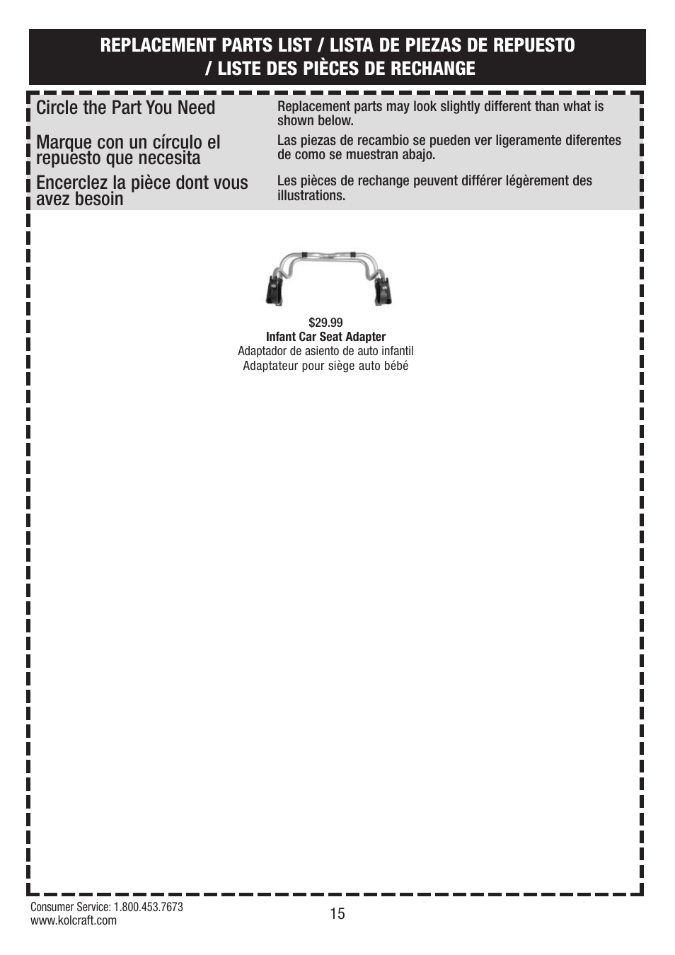 Circle the part you need, Encerclez la pièce dont vous avez besoin, Marque con un círculo el repuesto que necesita | Kolcraft S75-T-R2 User Manual | Page 15 / 16