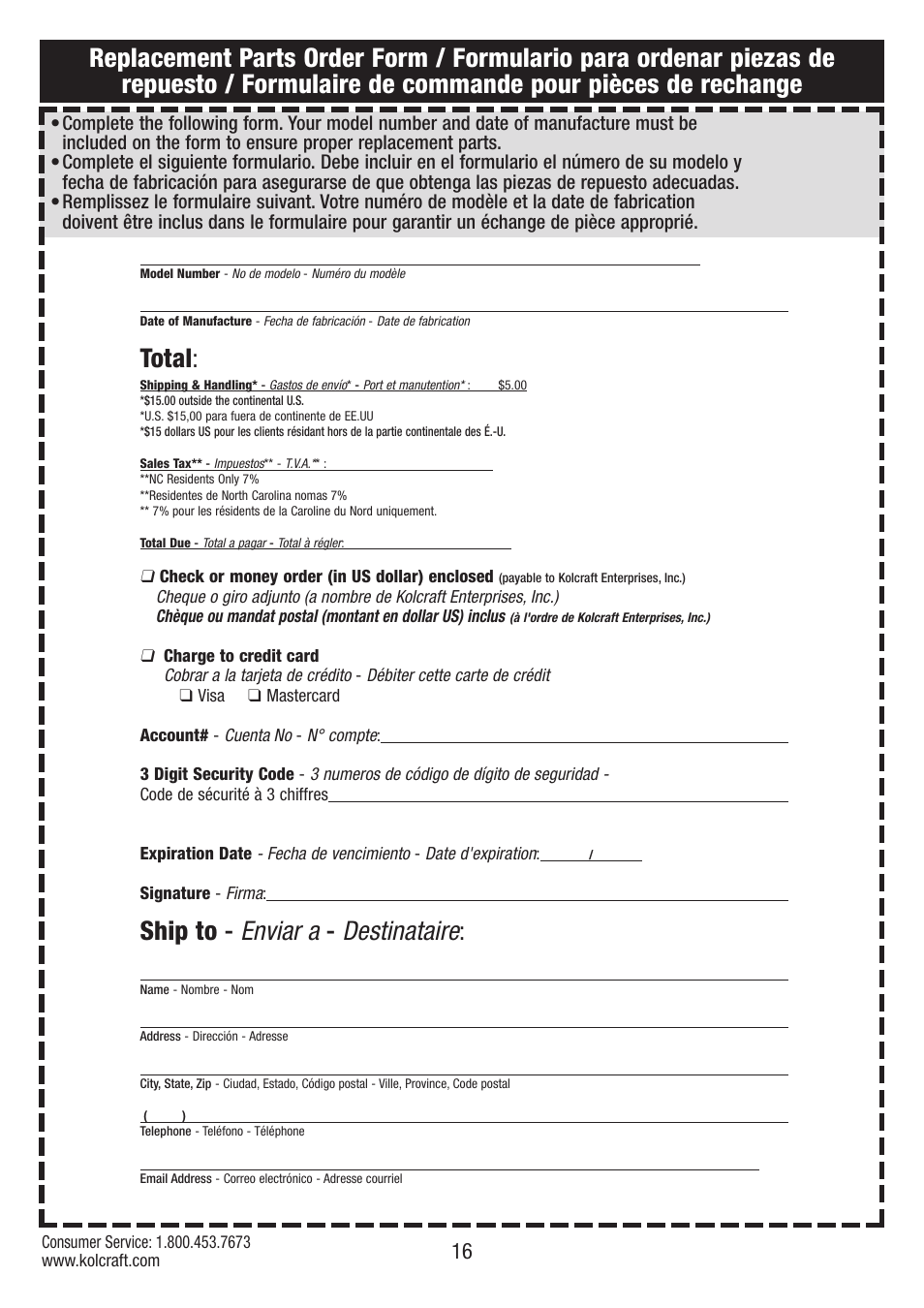 Total, Ship to - enviar a - destinataire | Kolcraft S75-T-R2 User Manual | Page 16 / 16