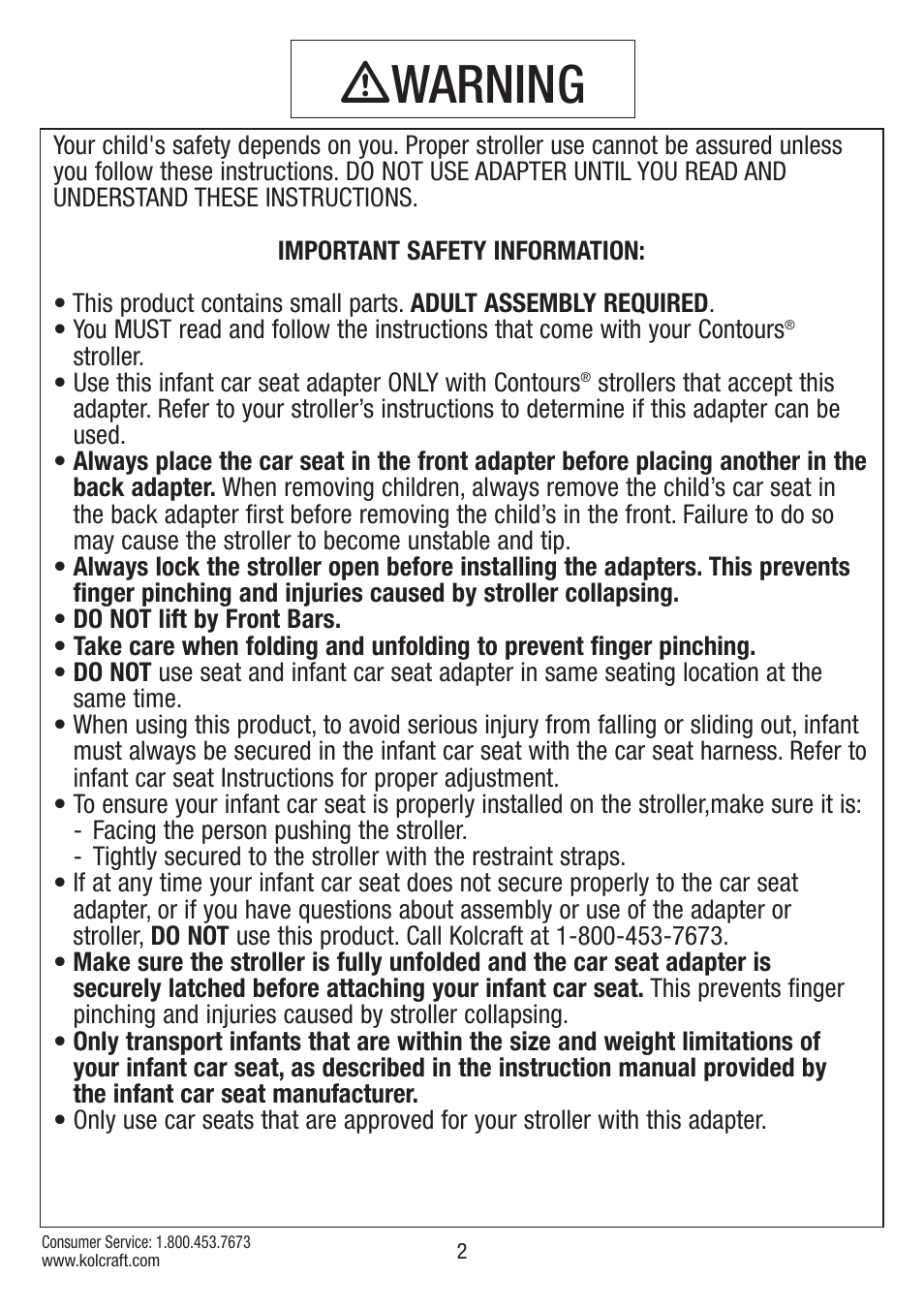 Ƽwarning | Kolcraft S75-T-R2 User Manual | Page 2 / 16