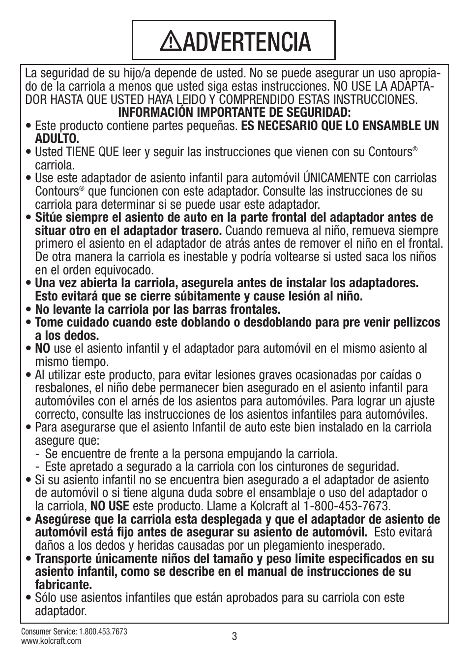 Ƽadvertencia | Kolcraft S75-T-R2 User Manual | Page 3 / 16