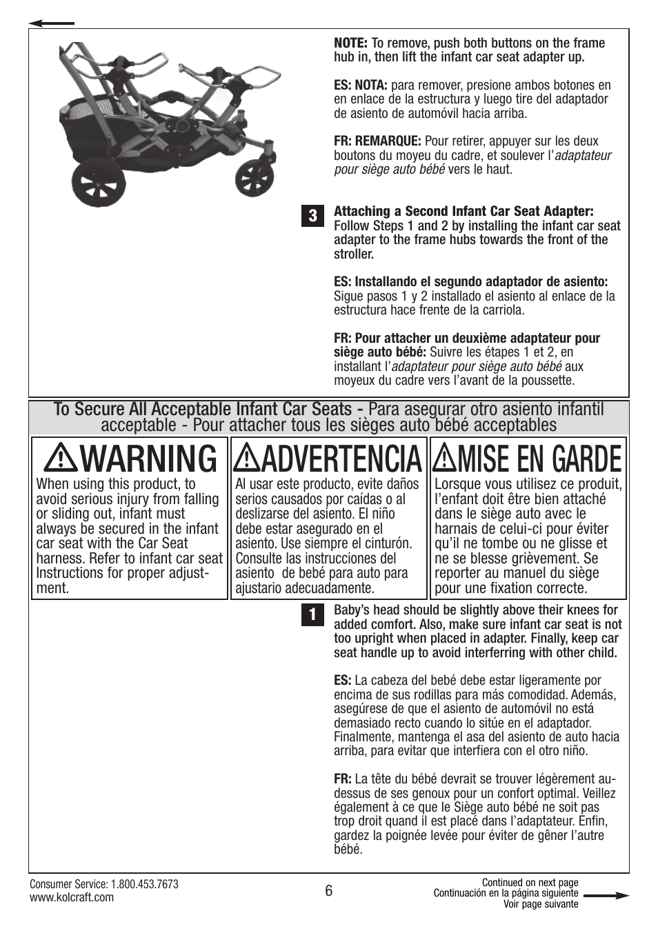 Ƽwarning, Ƽadvertencia, Ƽmise en garde | Kolcraft S75-T-R2 User Manual | Page 6 / 16