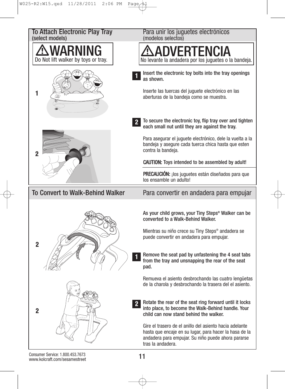 Ƽwarning, Ƽadvertencia, Para unir los juguetes electrónicos | Kolcraft ELMO TINY STEPS W025-R2 User Manual | Page 11 / 18
