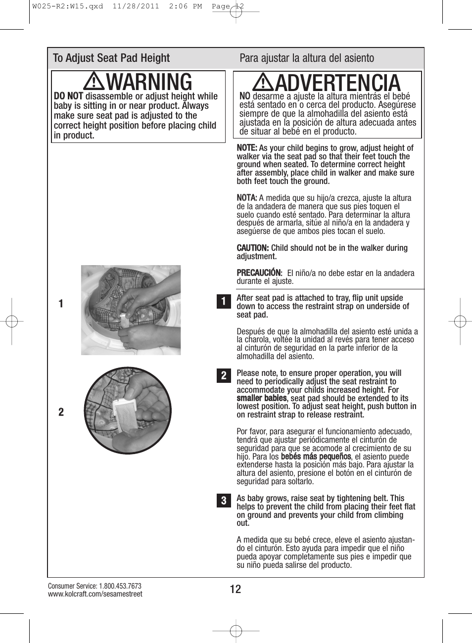 Ƽwarning, Ƽadvertencia | Kolcraft ELMO TINY STEPS W025-R2 User Manual | Page 12 / 18