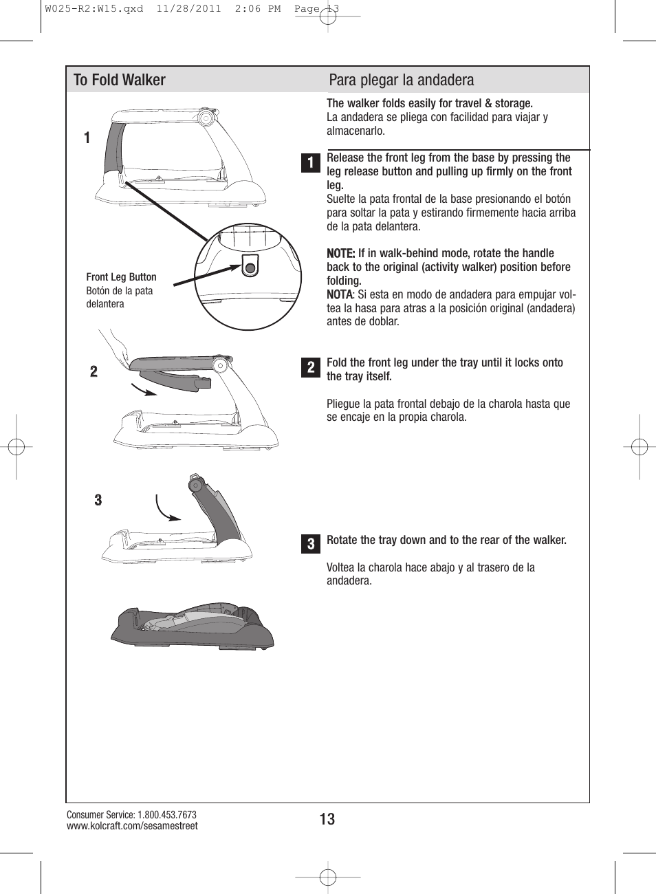 13 to fold walker para plegar la andadera | Kolcraft ELMO TINY STEPS W025-R2 User Manual | Page 13 / 18