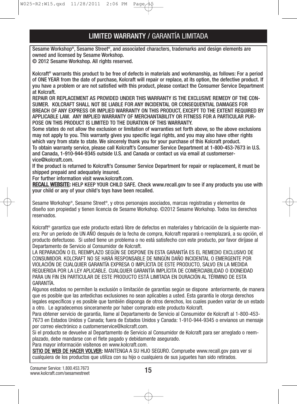 Limited warranty / garantía limitada | Kolcraft ELMO TINY STEPS W025-R2 User Manual | Page 15 / 18
