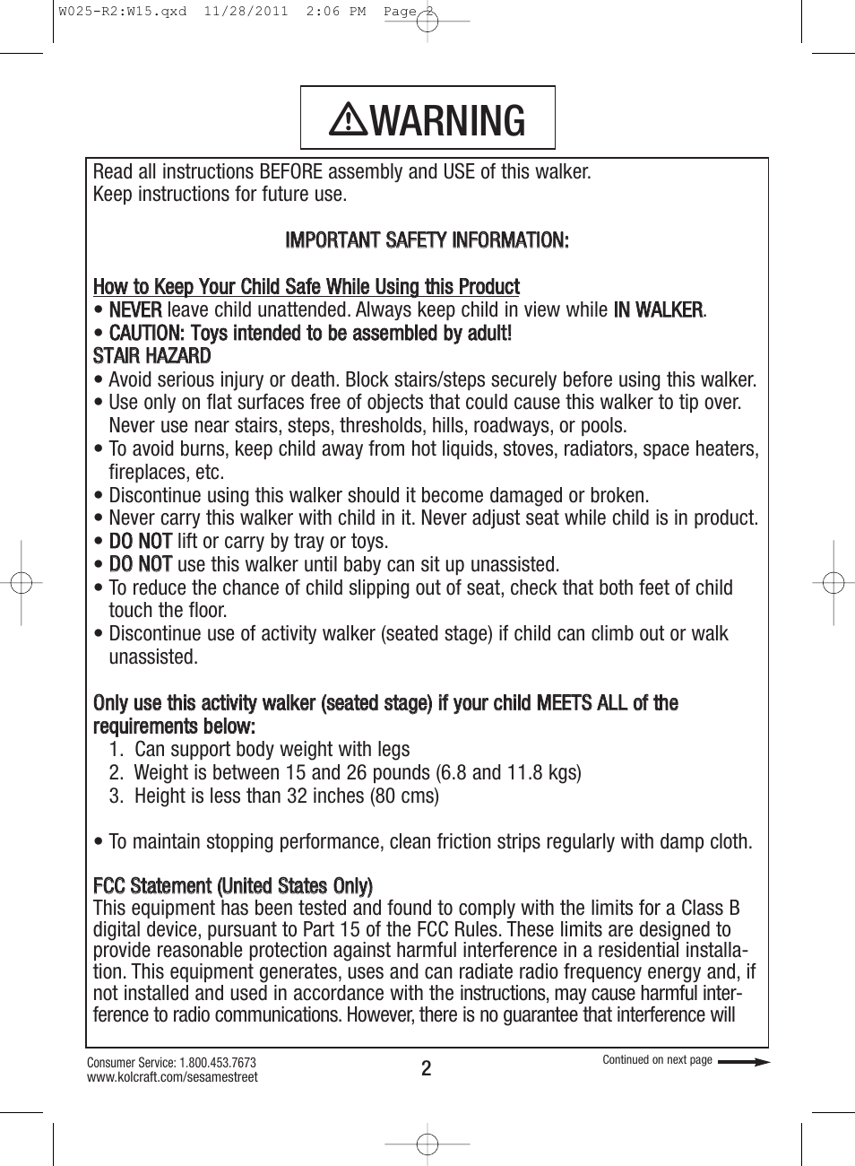 Ƽwarning | Kolcraft ELMO TINY STEPS W025-R2 User Manual | Page 2 / 18
