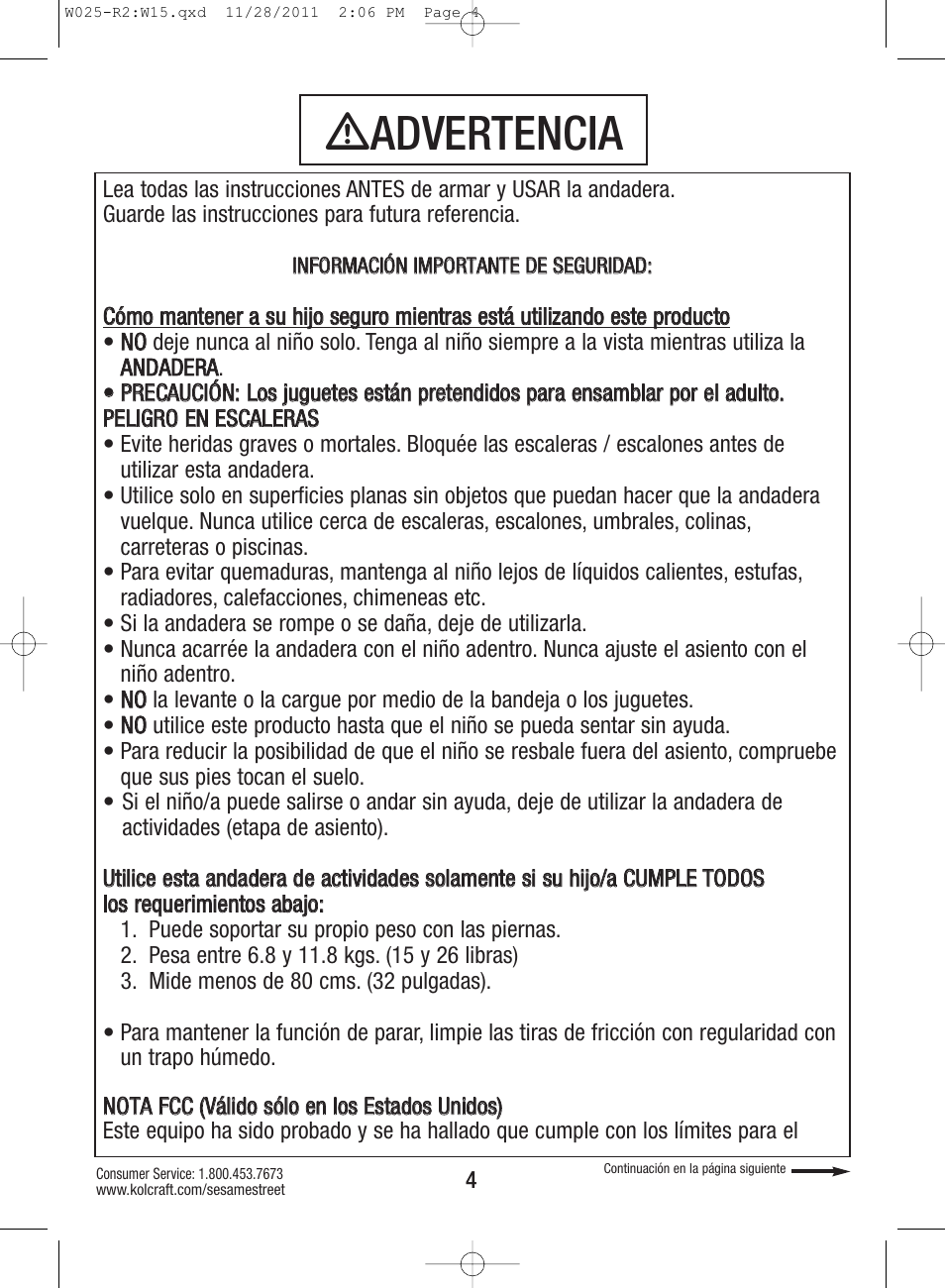 Ƽadvertencia | Kolcraft ELMO TINY STEPS W025-R2 User Manual | Page 4 / 18