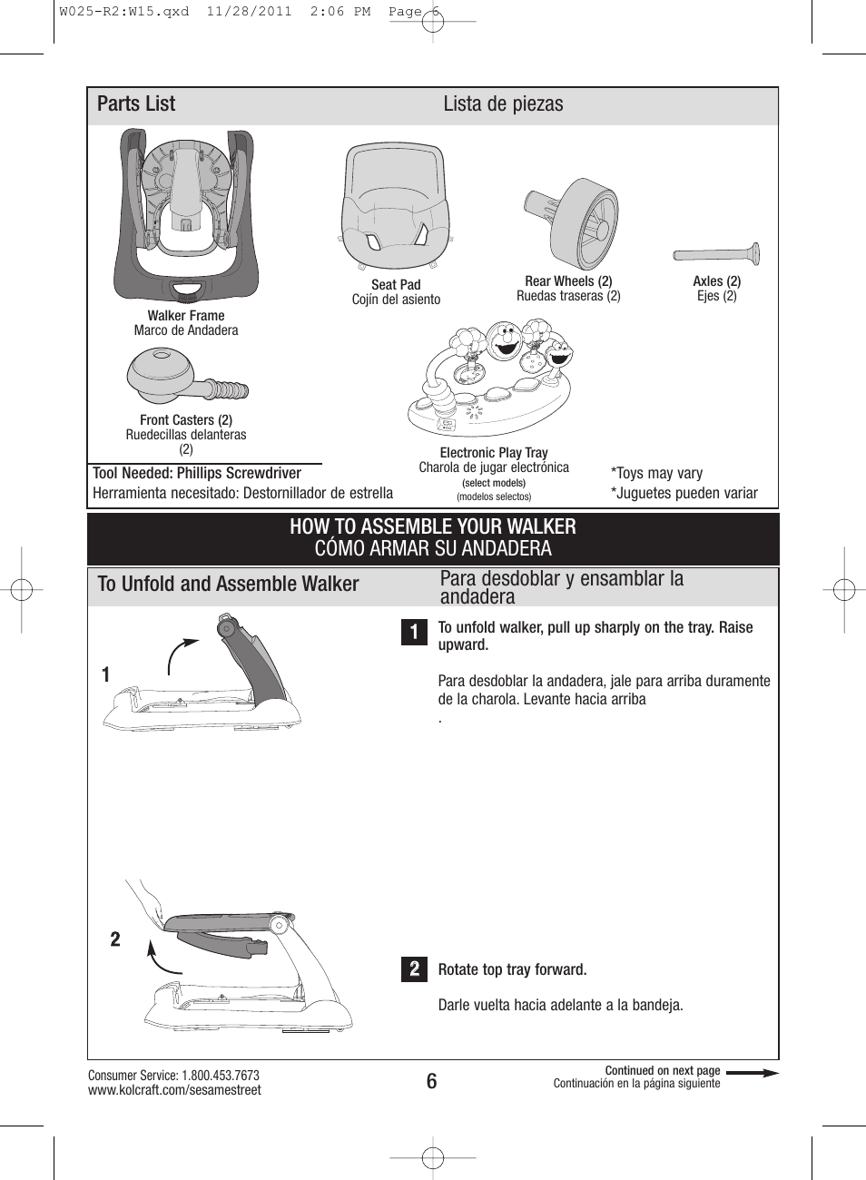 Parts list lista de piezas 6, How to assemble your walker cómo armar su andadera | Kolcraft ELMO TINY STEPS W025-R2 User Manual | Page 6 / 18