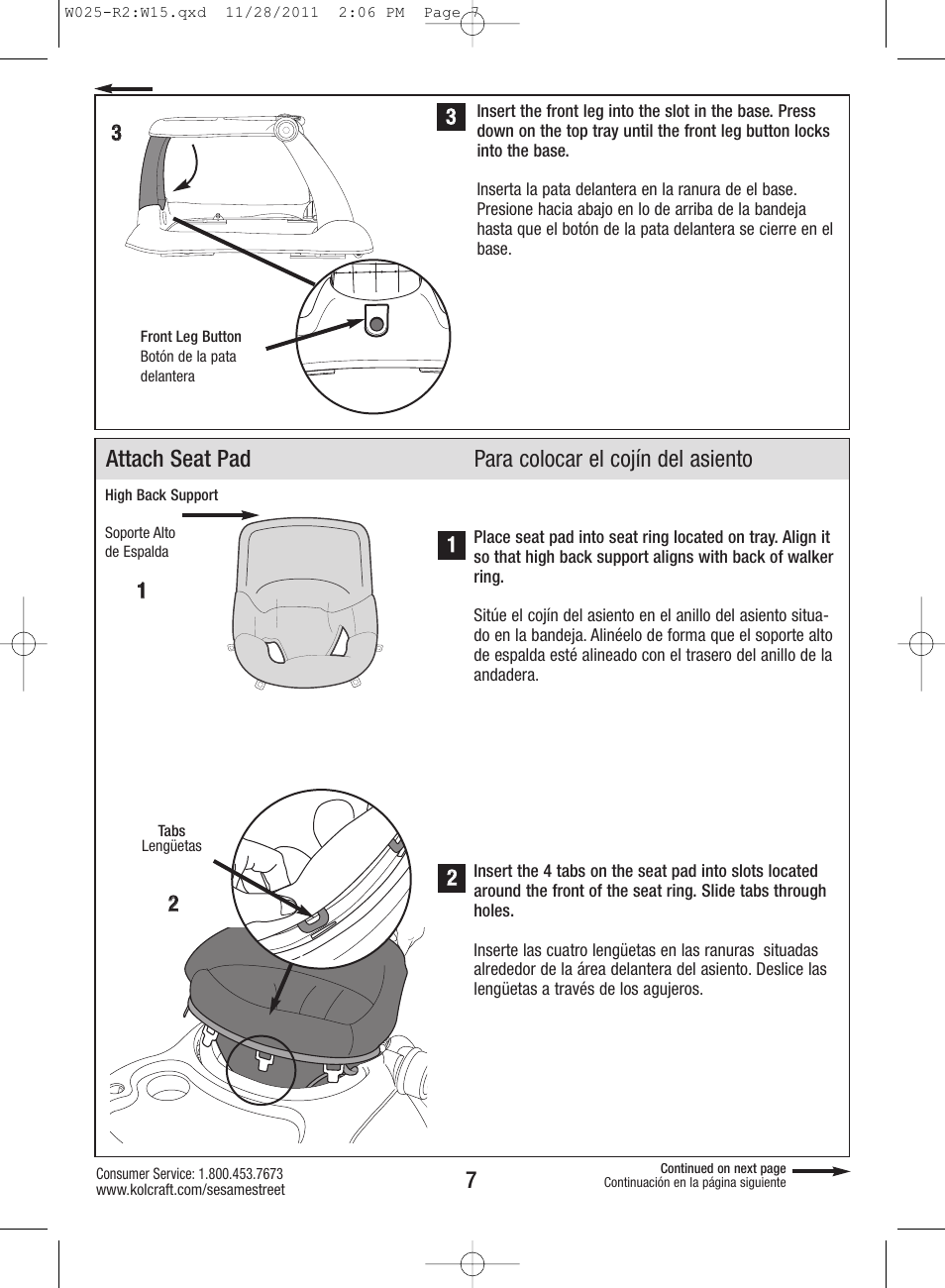 Attach seat pad para colocar el cojín del asiento | Kolcraft ELMO TINY STEPS W025-R2 User Manual | Page 7 / 18