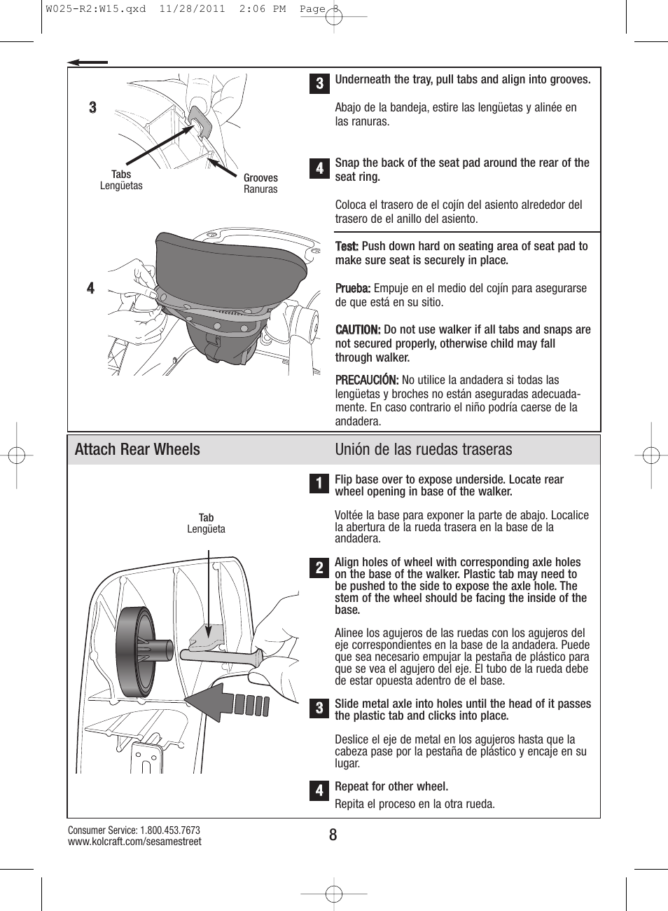 Attach rear wheels unión de las ruedas traseras | Kolcraft ELMO TINY STEPS W025-R2 User Manual | Page 8 / 18
