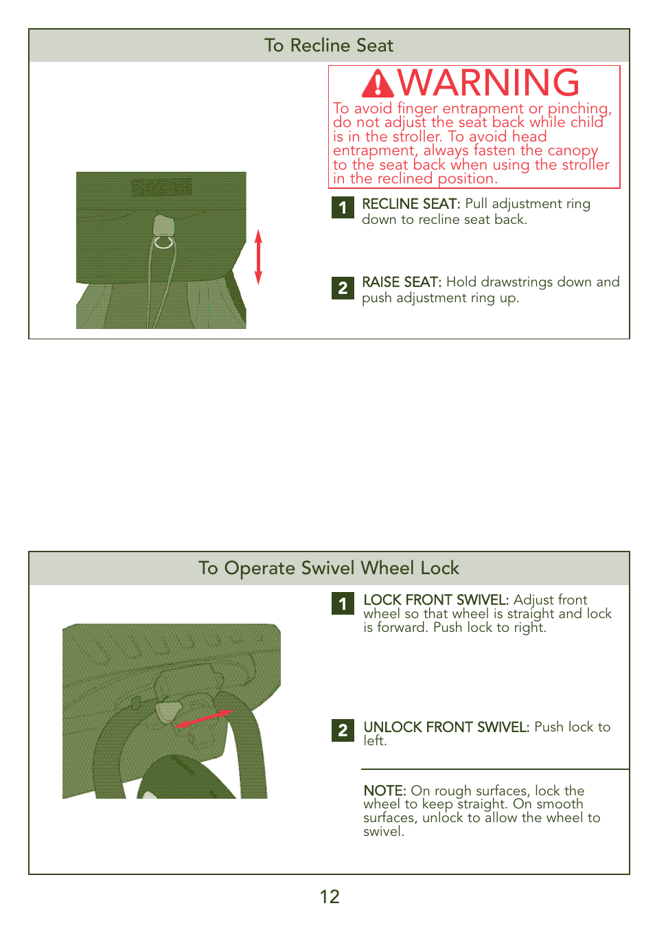 Warning, 12 to operate swivel wheel lock | Kolcraft LIBERTY S45J-T User Manual | Page 12 / 45