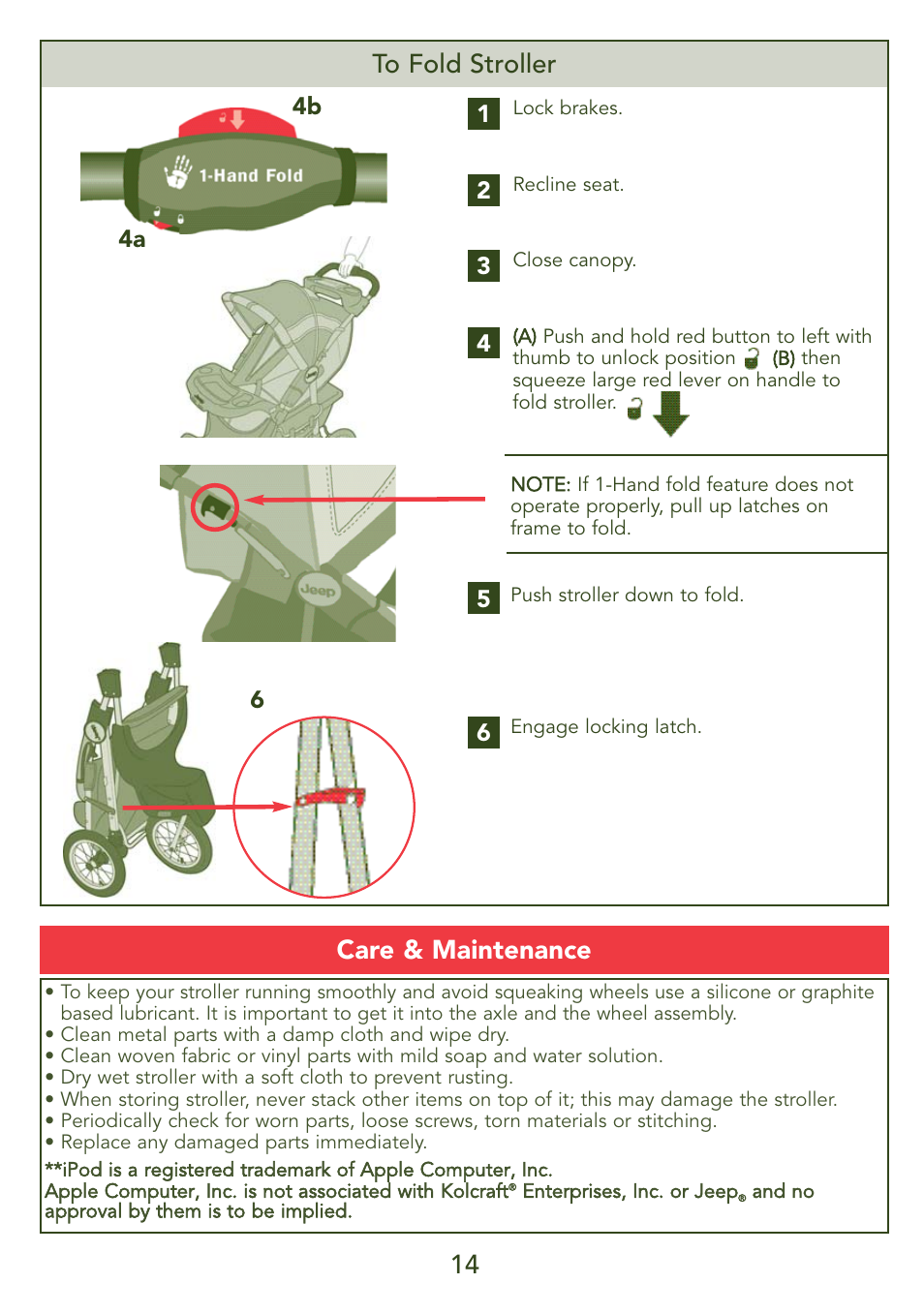 14 to fold stroller, Care & maintenance | Kolcraft LIBERTY S45J-T User Manual | Page 14 / 45