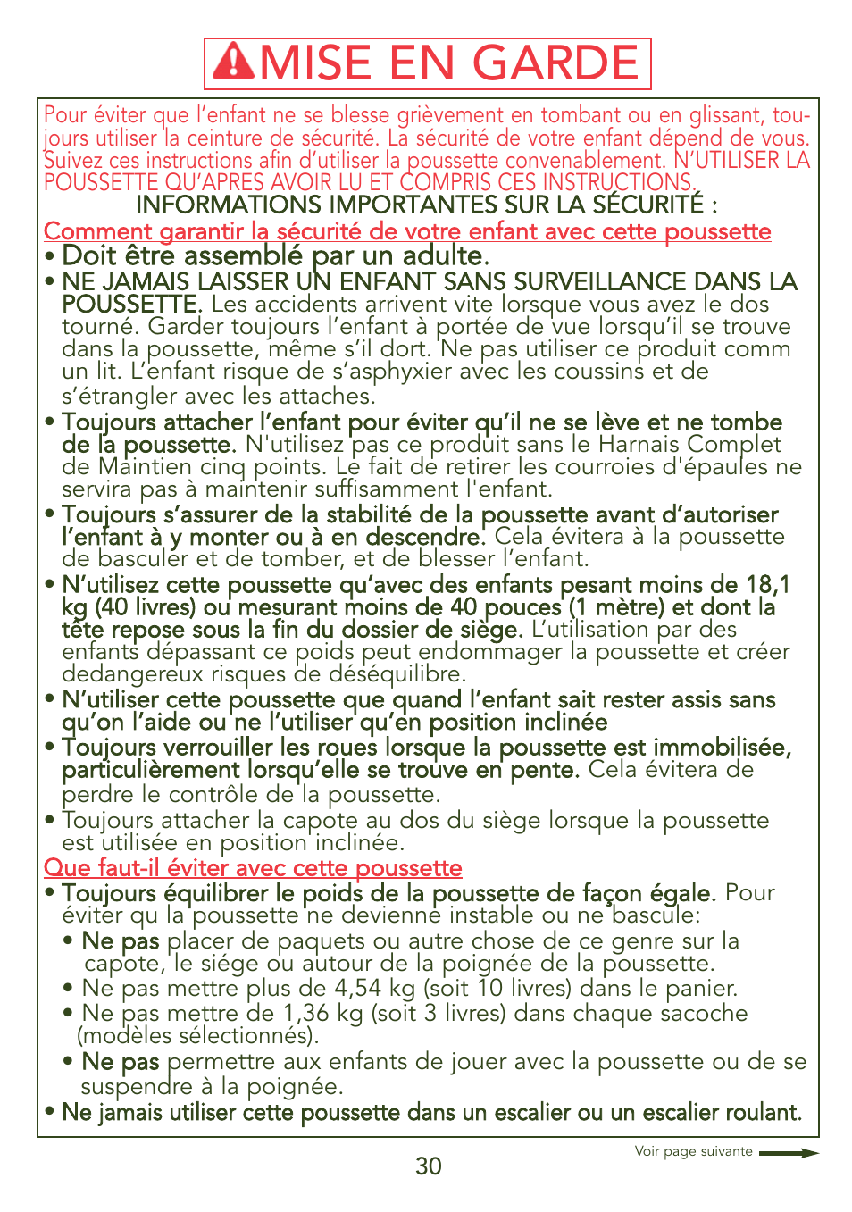 Mise en garde, Doit être assemblé par un adulte | Kolcraft LIBERTY S45J-T User Manual | Page 30 / 45