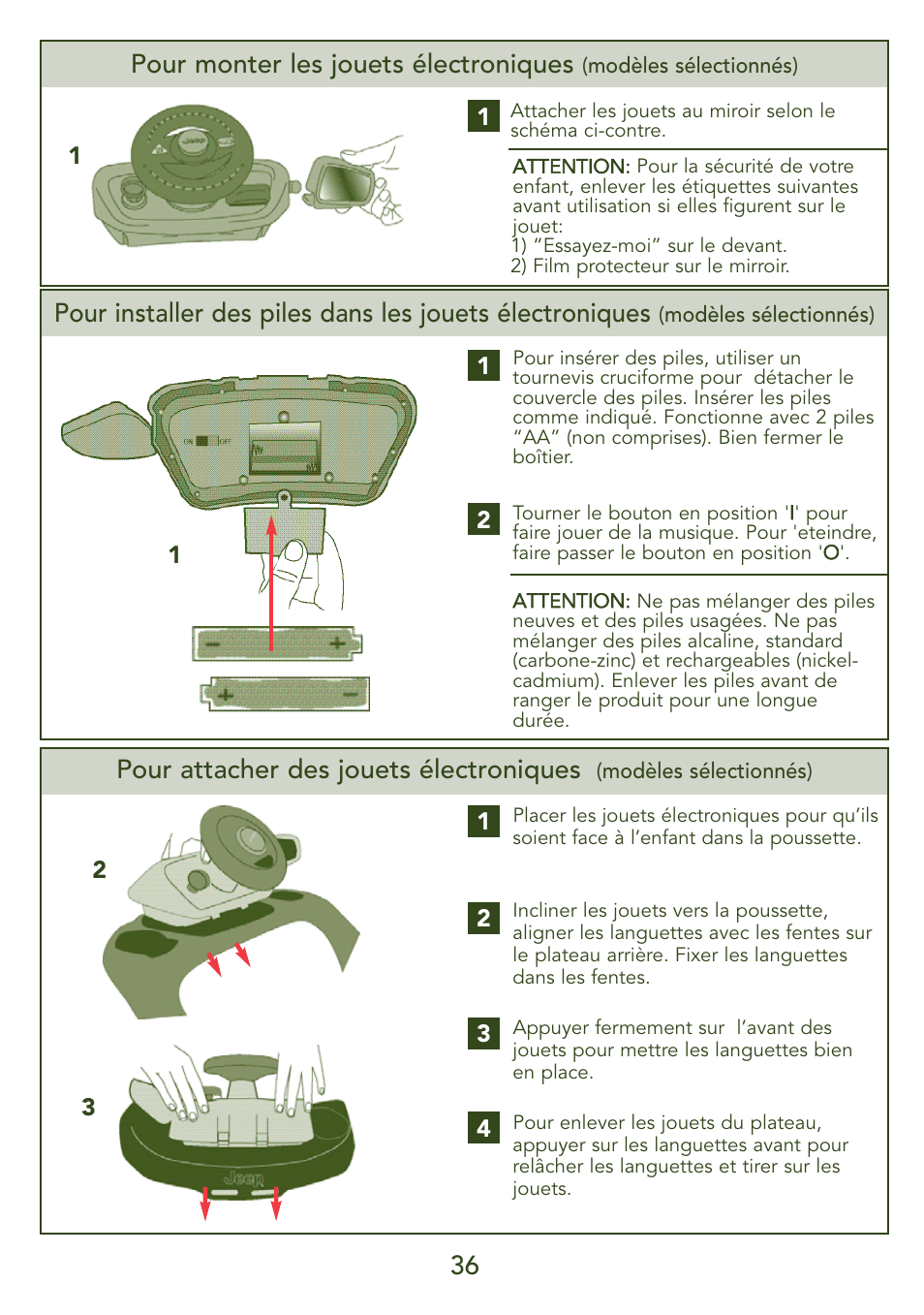 Pour attacher des jouets électroniques, Pour monter les jouets électroniques | Kolcraft LIBERTY S45J-T User Manual | Page 36 / 45