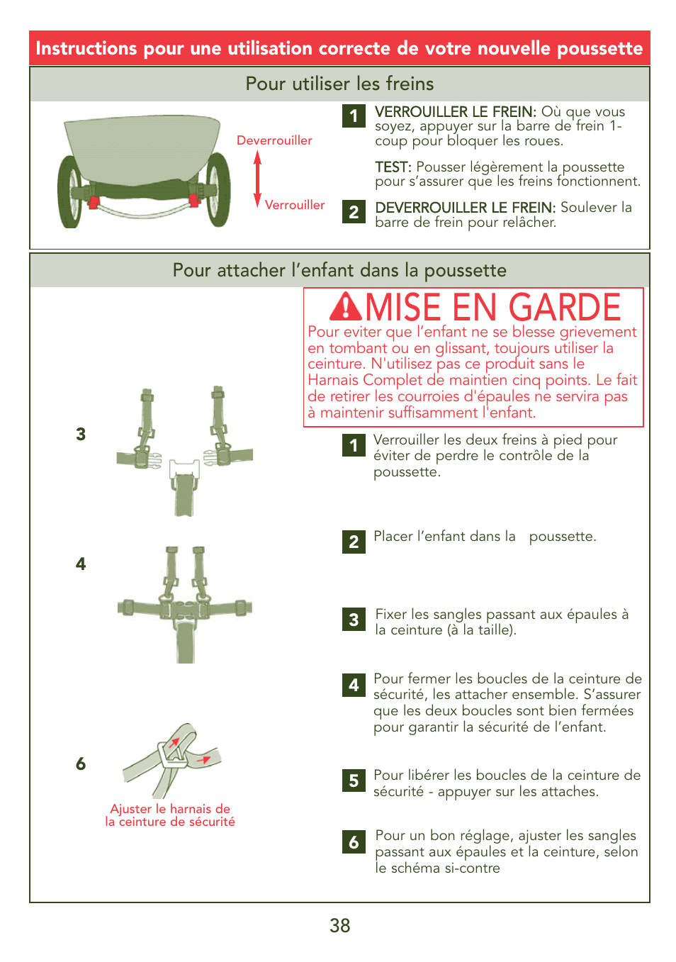 Mise en garde, Pour utiliser les freins, Pour attacher l’enfant dans la poussette | Kolcraft LIBERTY S45J-T User Manual | Page 38 / 45