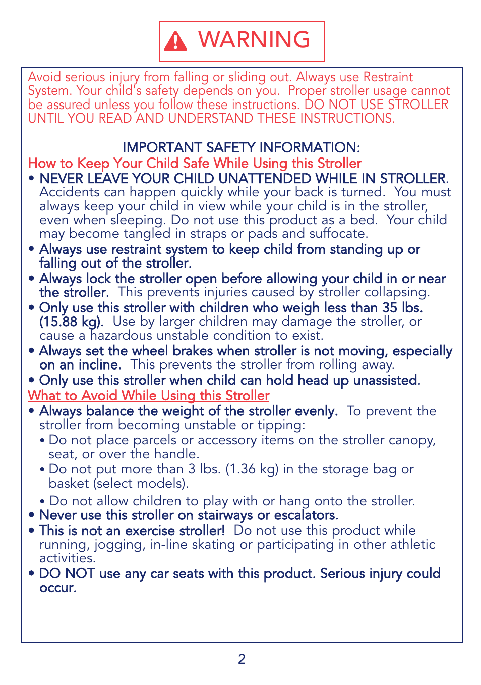 Warning | Kolcraft S53-R1 User Manual | Page 2 / 12