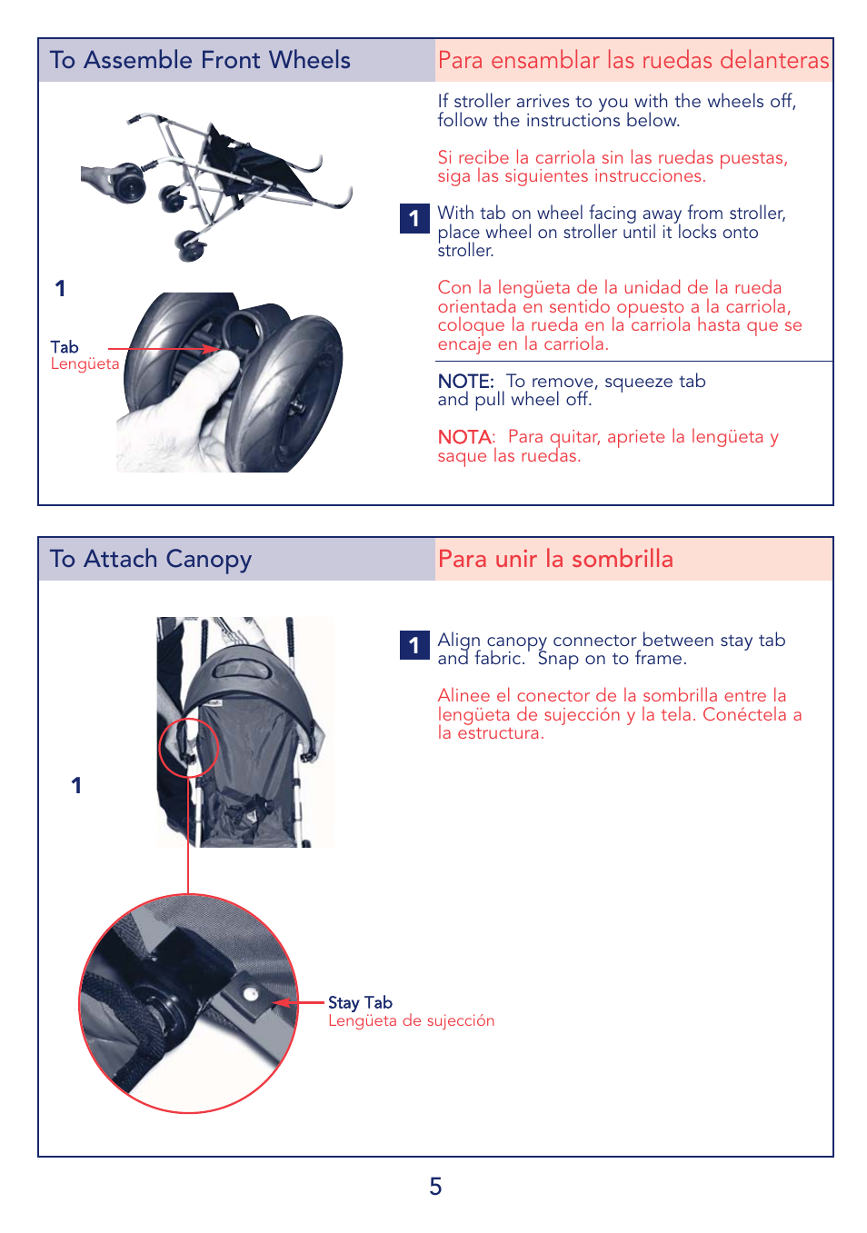 5to attach canopy para unir la sombrilla | Kolcraft S53-R1 User Manual | Page 5 / 12