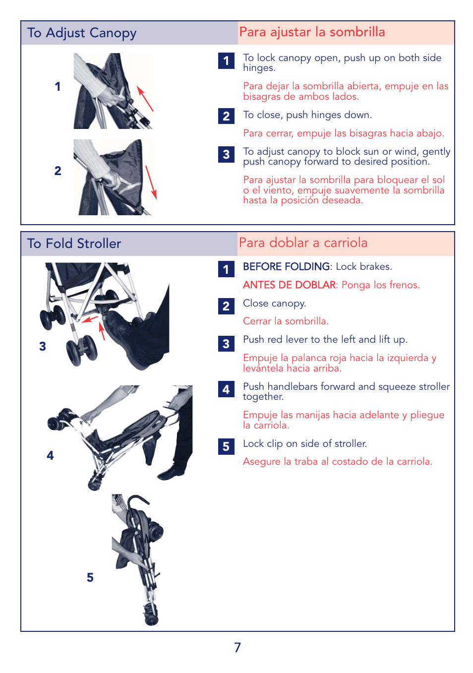 7to adjust canopy para ajustar la sombrilla | Kolcraft S53-R1 User Manual | Page 7 / 12