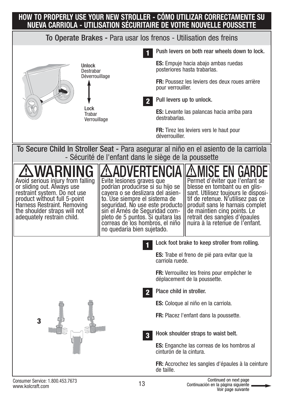 Ƽwarning, Ƽadvertencia, Ƽmise en garde | Kolcraft S67-T-R1 User Manual | Page 13 / 24