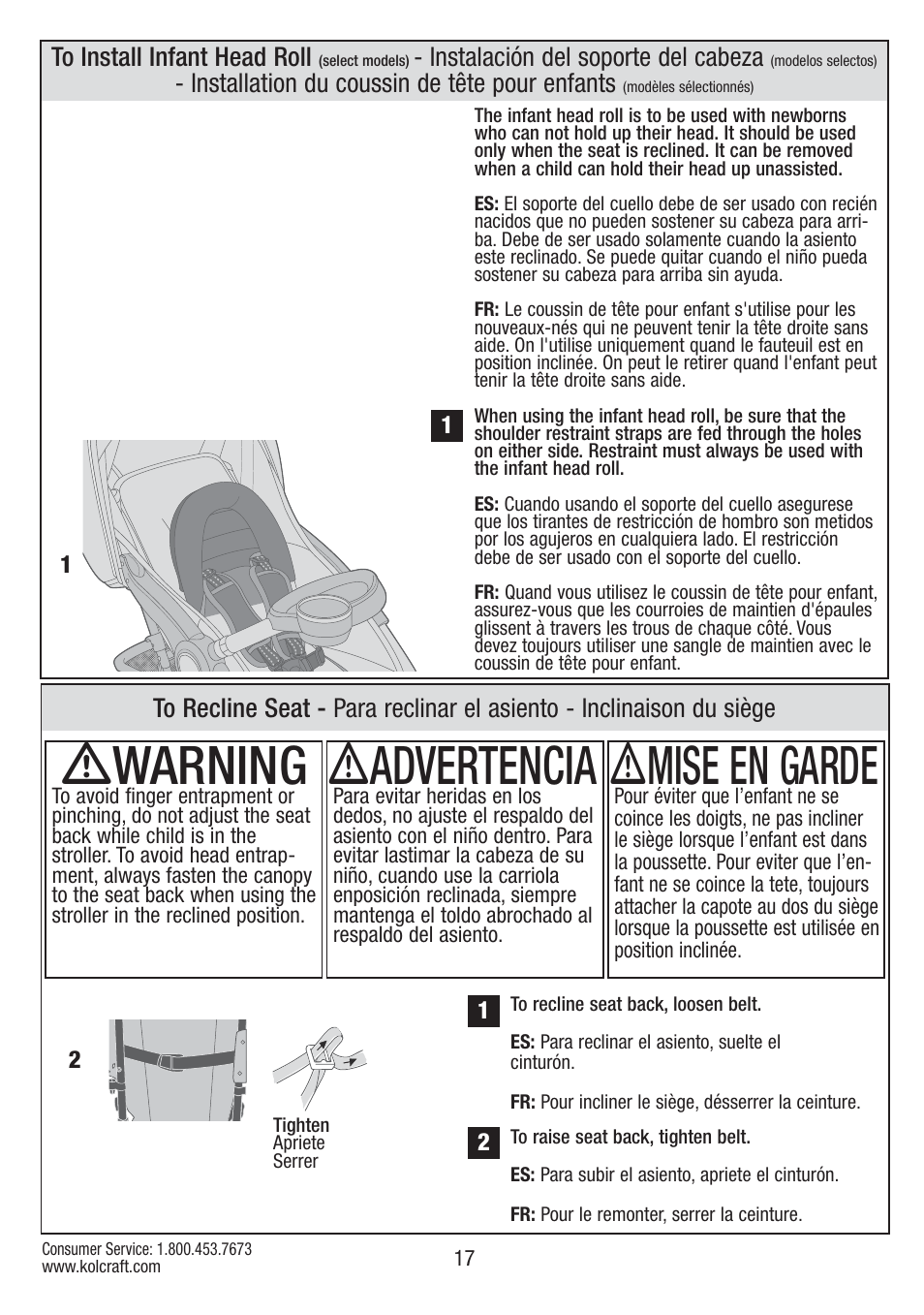 Ƽwarning, Ƽadvertencia, Ƽmise en garde | Instalación del soporte del cabeza, Installation du coussin de tête pour enfants | Kolcraft S67-T-R1 User Manual | Page 17 / 24