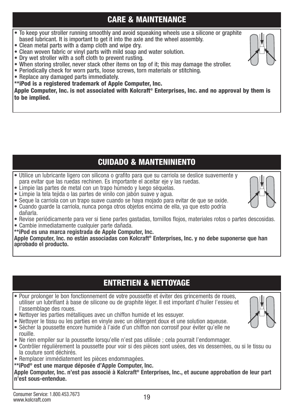 Entretien & nettoyage, Care & maintenance, Cuidado & manteniniento | Kolcraft S67-T-R1 User Manual | Page 19 / 24