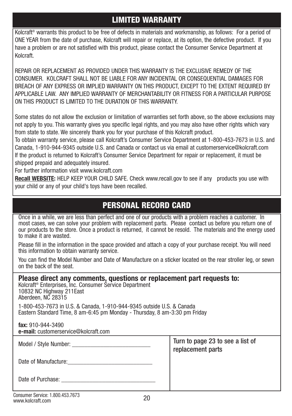 Personal record card, Limited warranty | Kolcraft S67-T-R1 User Manual | Page 20 / 24