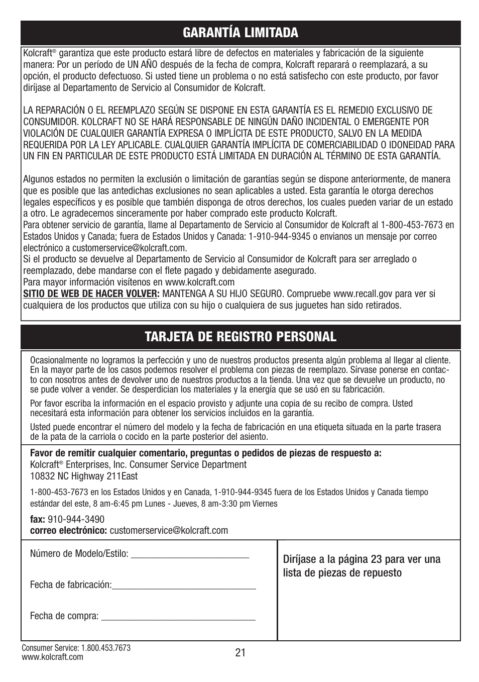 Tarjeta de registro personal, Garantía limitada | Kolcraft S67-T-R1 User Manual | Page 21 / 24