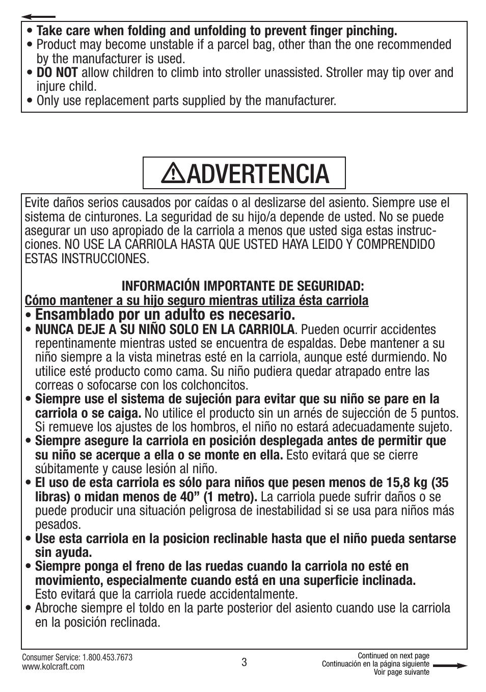 Ƽadvertencia, Ensamblado por un adulto es necesario | Kolcraft S67-T-R1 User Manual | Page 3 / 24