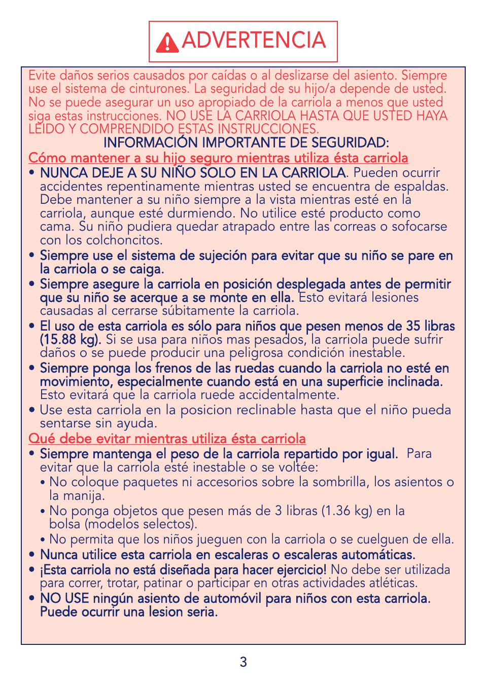Advertencia | Kolcraft S59-R1 User Manual | Page 3 / 14