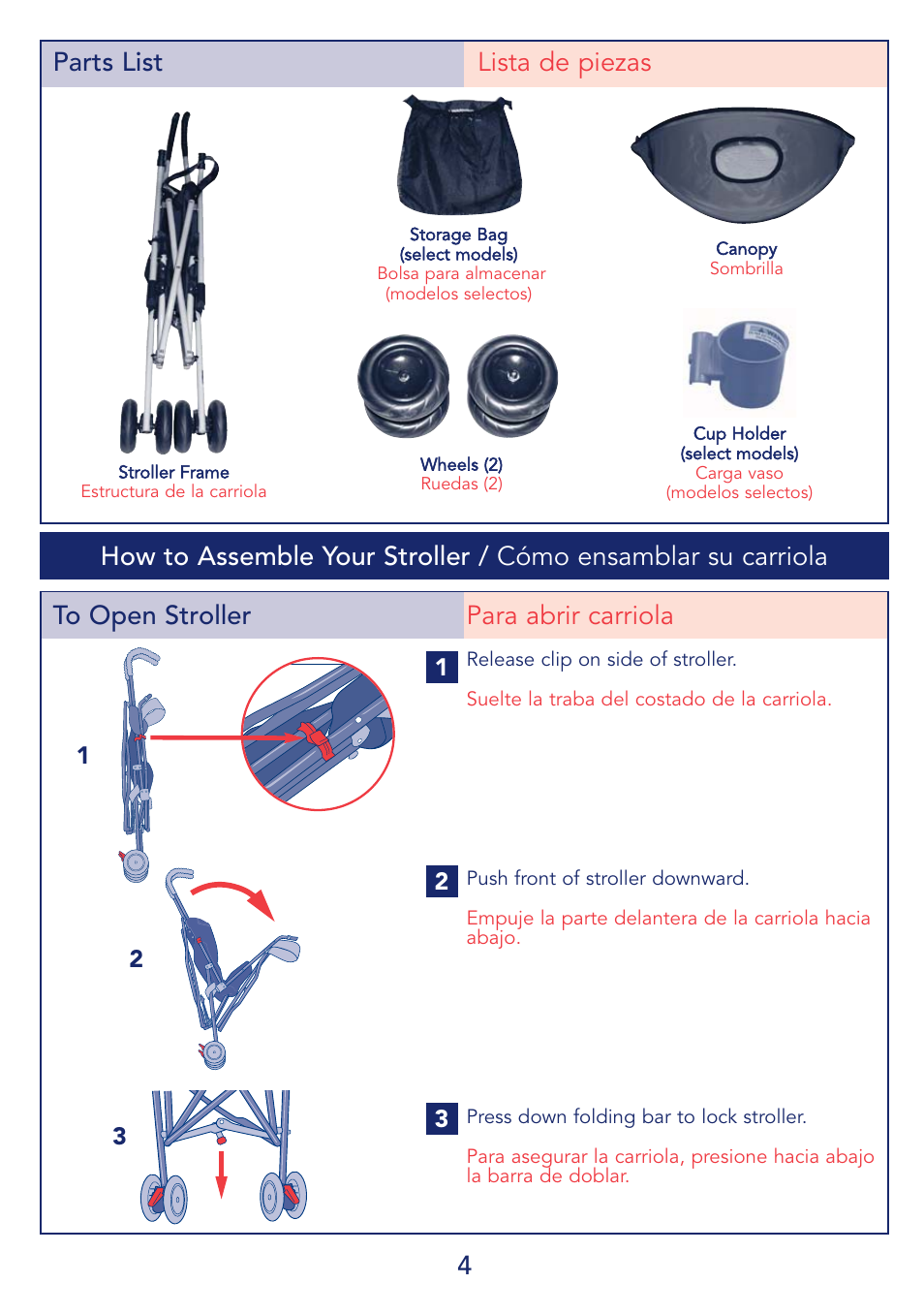 4to open stroller para abrir carriola, Parts list lista de piezas | Kolcraft S59-R1 User Manual | Page 4 / 14