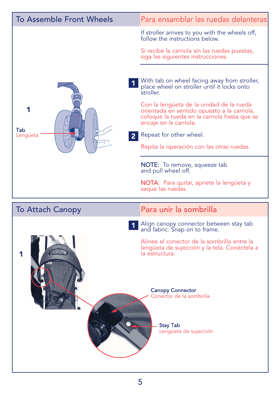 5to attach canopy para unir la sombrilla | Kolcraft S59-R1 User Manual | Page 5 / 14