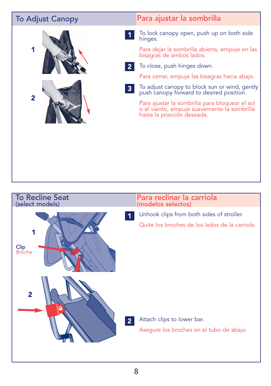 8to adjust canopy para ajustar la sombrilla, Para reclinar la carriola | Kolcraft S59-R1 User Manual | Page 8 / 14