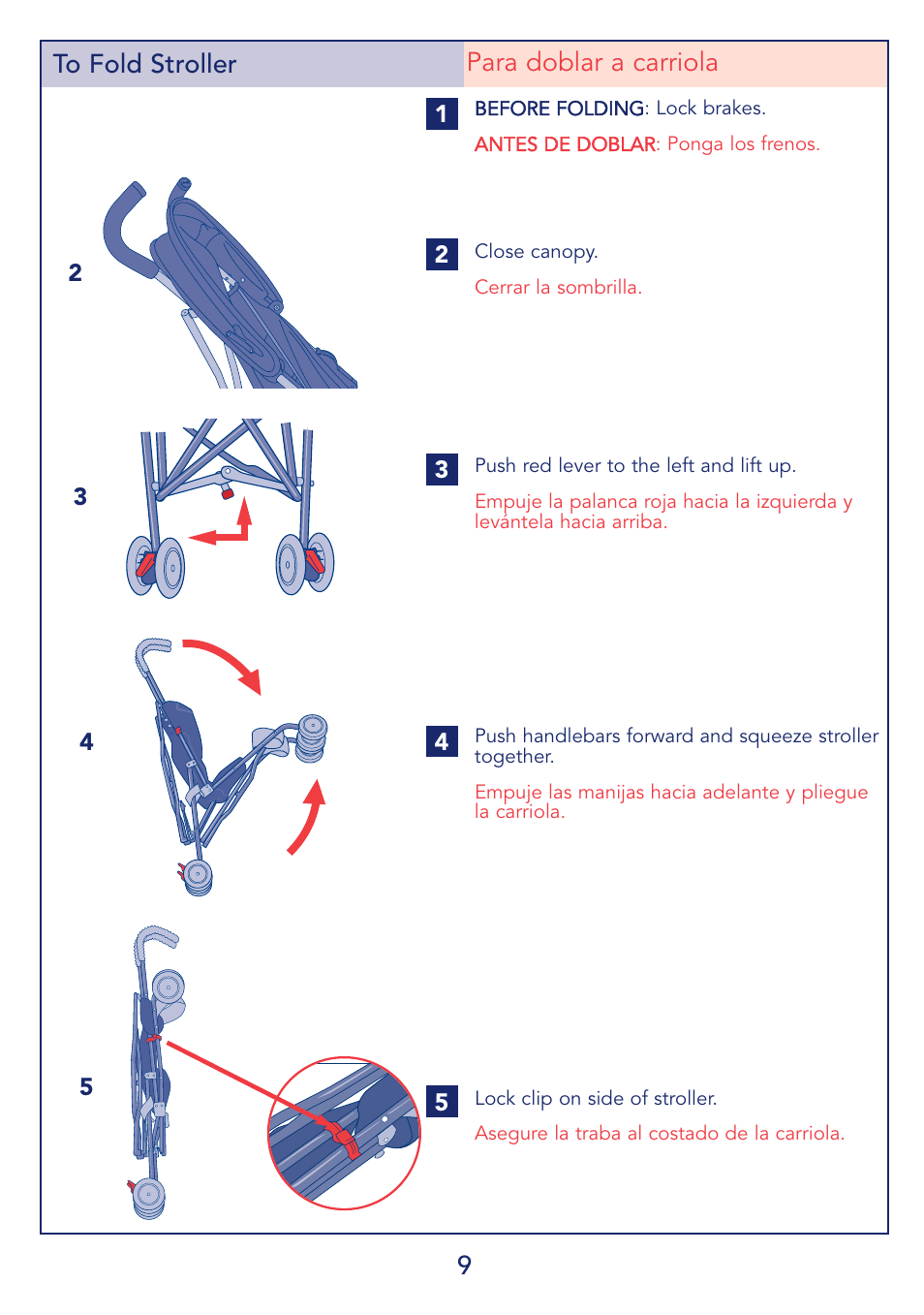 9to fold stroller para doblar a carriola | Kolcraft S59-R1 User Manual | Page 9 / 14