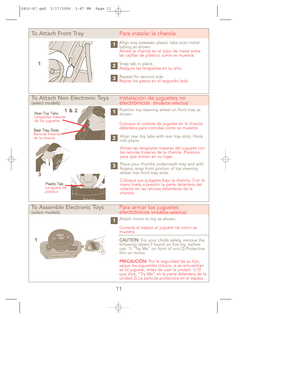 11 to attach non electronic toys, Instalación de juguetes no electrónicos, Para armar los juguetes electrónicos | Kolcraft S45J-R7 User Manual | Page 11 / 24