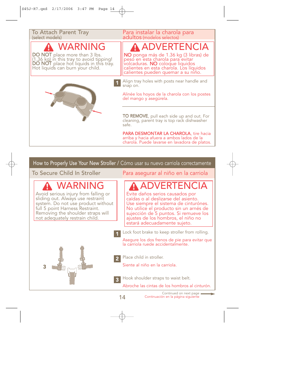 Warning, Advertencia | Kolcraft S45J-R7 User Manual | Page 14 / 24