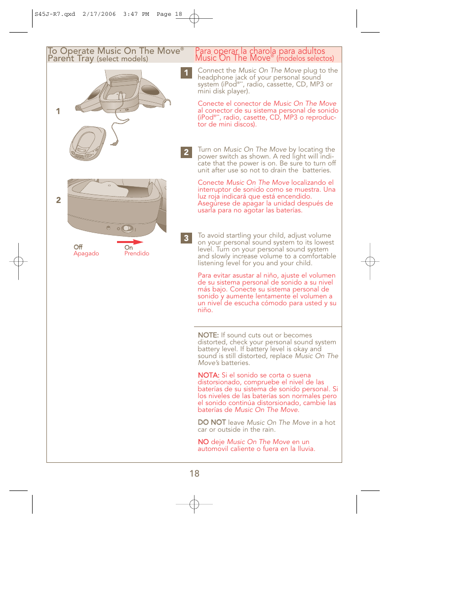 18 to operate music on the move, Parent tray | Kolcraft S45J-R7 User Manual | Page 18 / 24