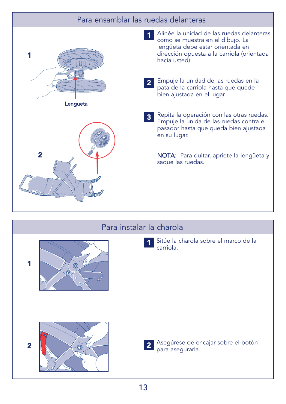13 para instalar la charola, Para ensamblar las ruedas delanteras | Kolcraft S51-T 11/08 User Manual | Page 13 / 28