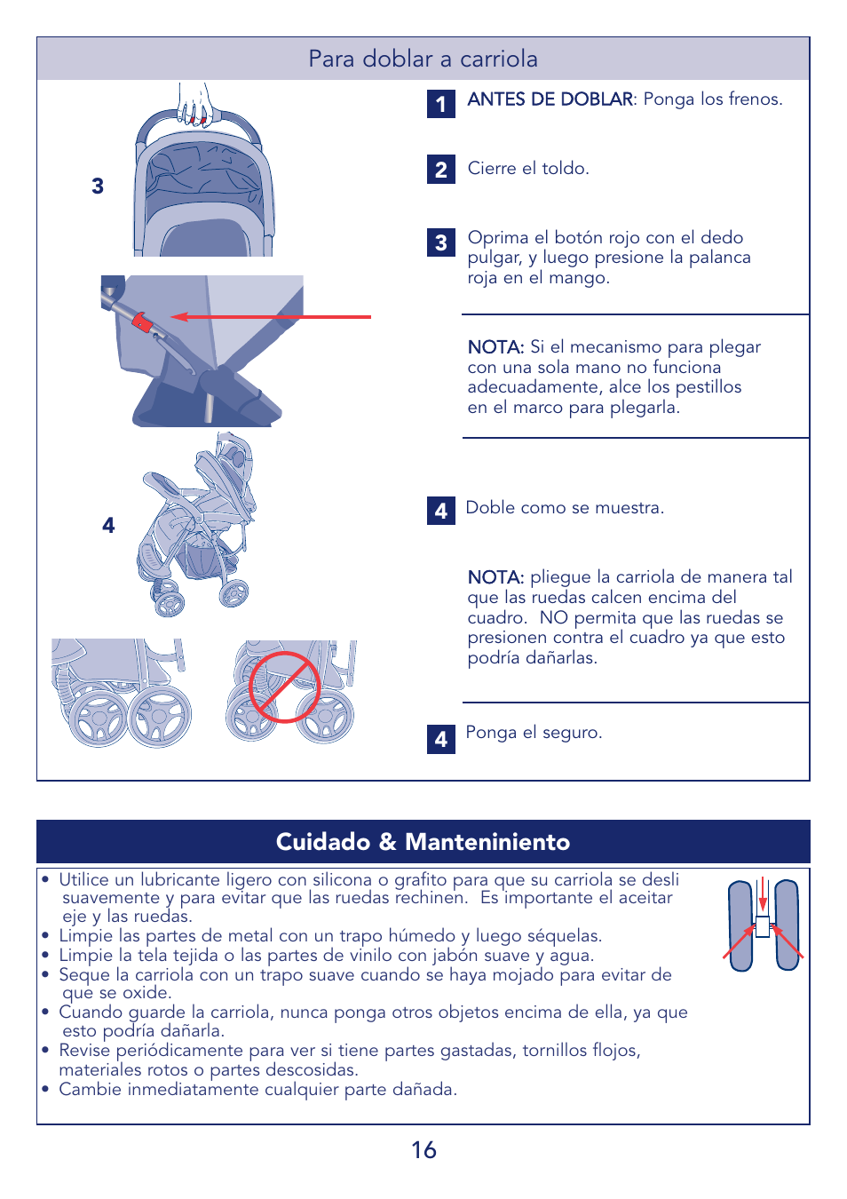 16 cuidado & manteniniento, Para doblar a carriola | Kolcraft S51-T 11/08 User Manual | Page 16 / 28