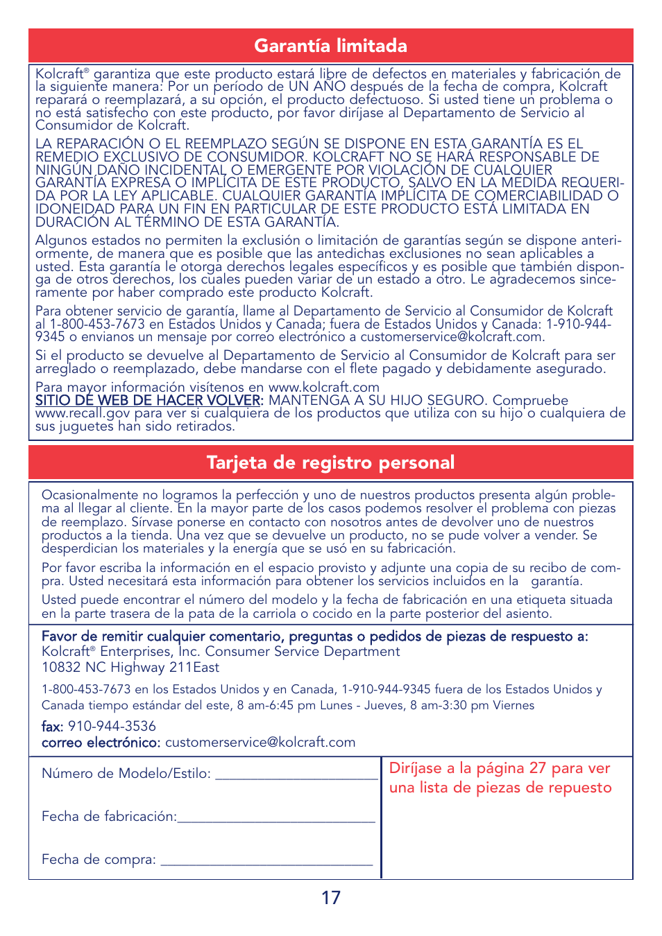 17 tarjeta de registro personal, Garantía limitada | Kolcraft S51-T 11/08 User Manual | Page 17 / 28