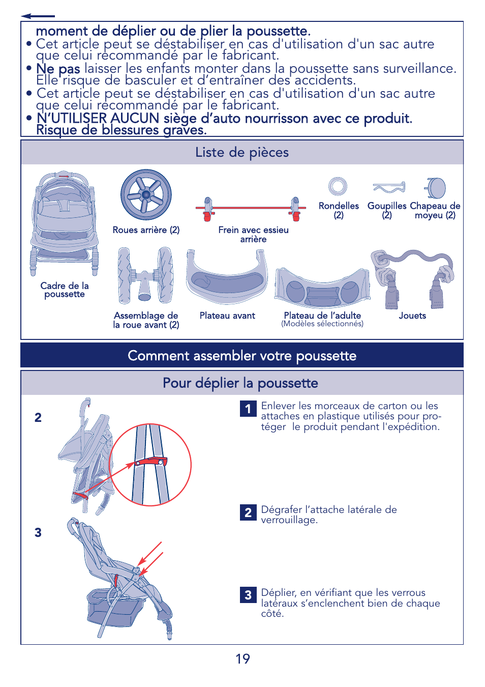 19 pour déplier la poussette, Liste de pièces, Comment assembler votre poussette | Kolcraft S51-T 11/08 User Manual | Page 19 / 28