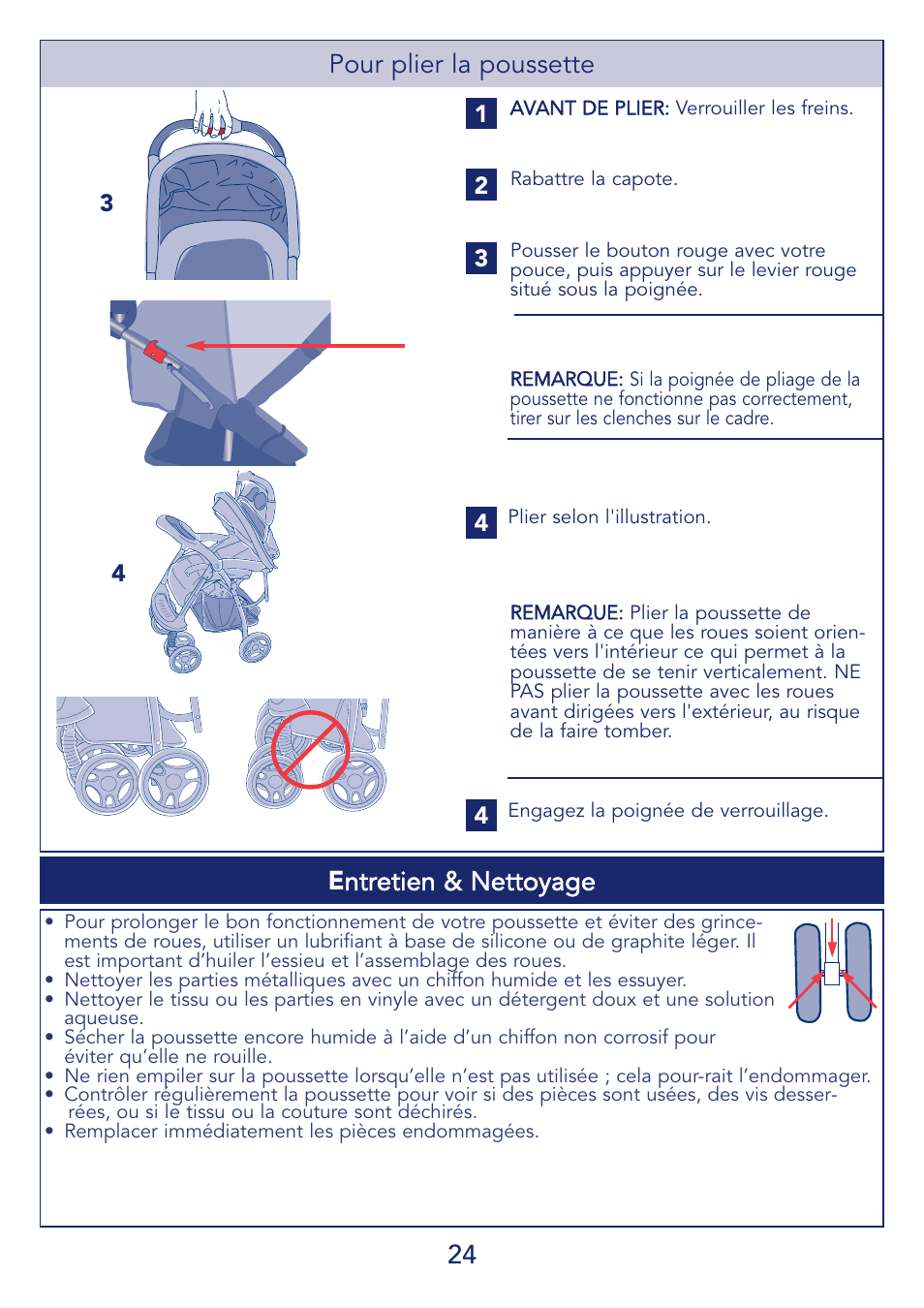 24 entretien & nettoyage, Pour plier la poussette | Kolcraft S51-T 11/08 User Manual | Page 24 / 28