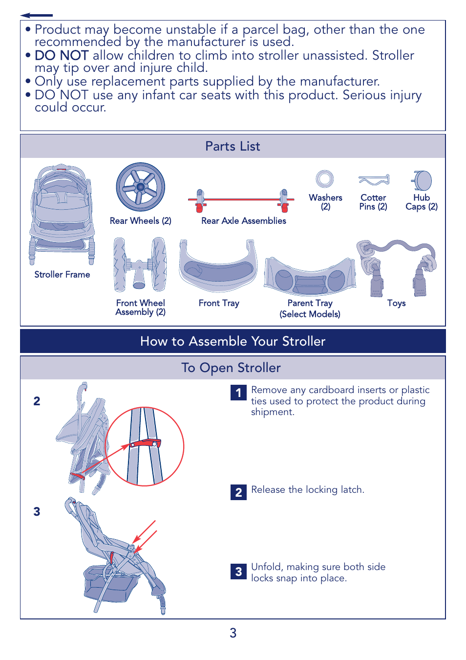 3to open stroller, Parts list, How to assemble your stroller | Kolcraft S51-T 11/08 User Manual | Page 3 / 28