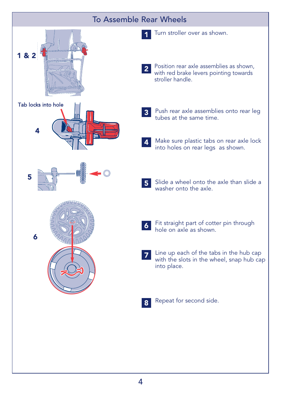 4to assemble rear wheels | Kolcraft S51-T 11/08 User Manual | Page 4 / 28