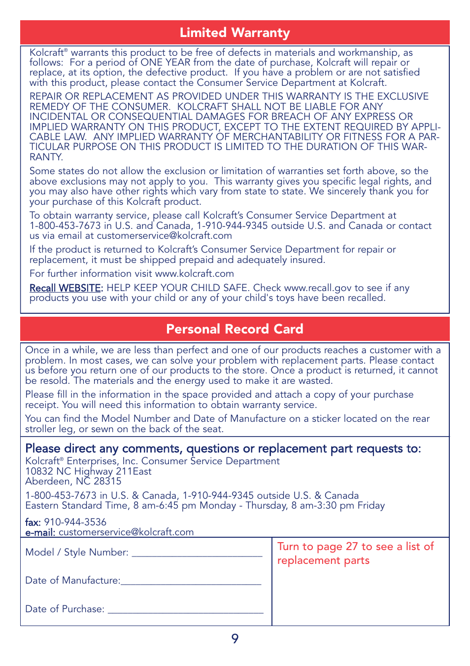 9personal record card, Limited warranty | Kolcraft S51-T 11/08 User Manual | Page 9 / 28