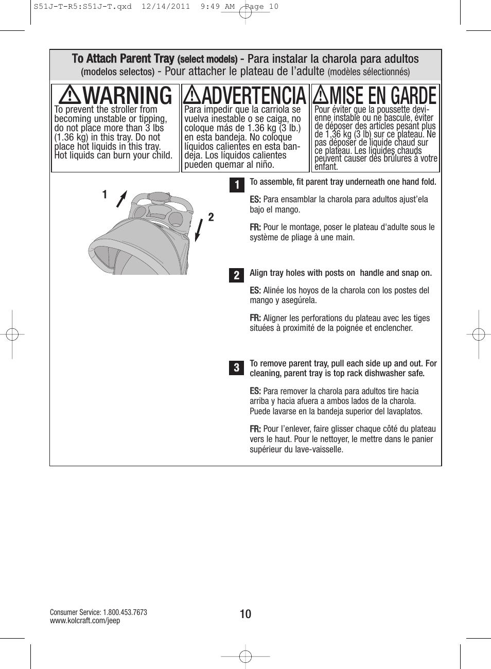 Ƽwarning, Ƽadvertencia, Ƽmise en garde | Kolcraft S51J-T-R5 User Manual | Page 10 / 20