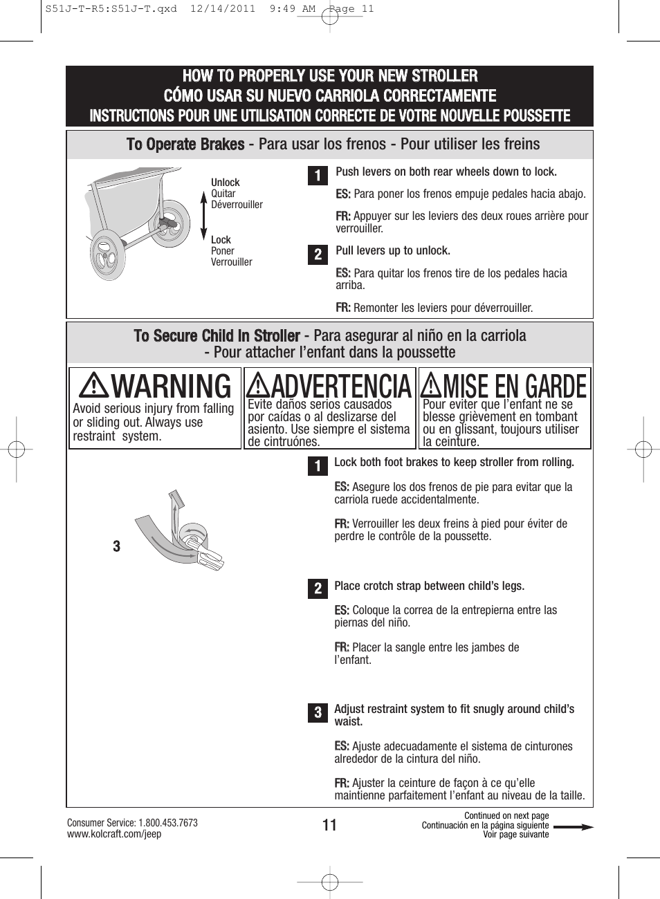 Ƽwarning, Ƽadvertencia, Ƽmise en garde | Kolcraft S51J-T-R5 User Manual | Page 11 / 20