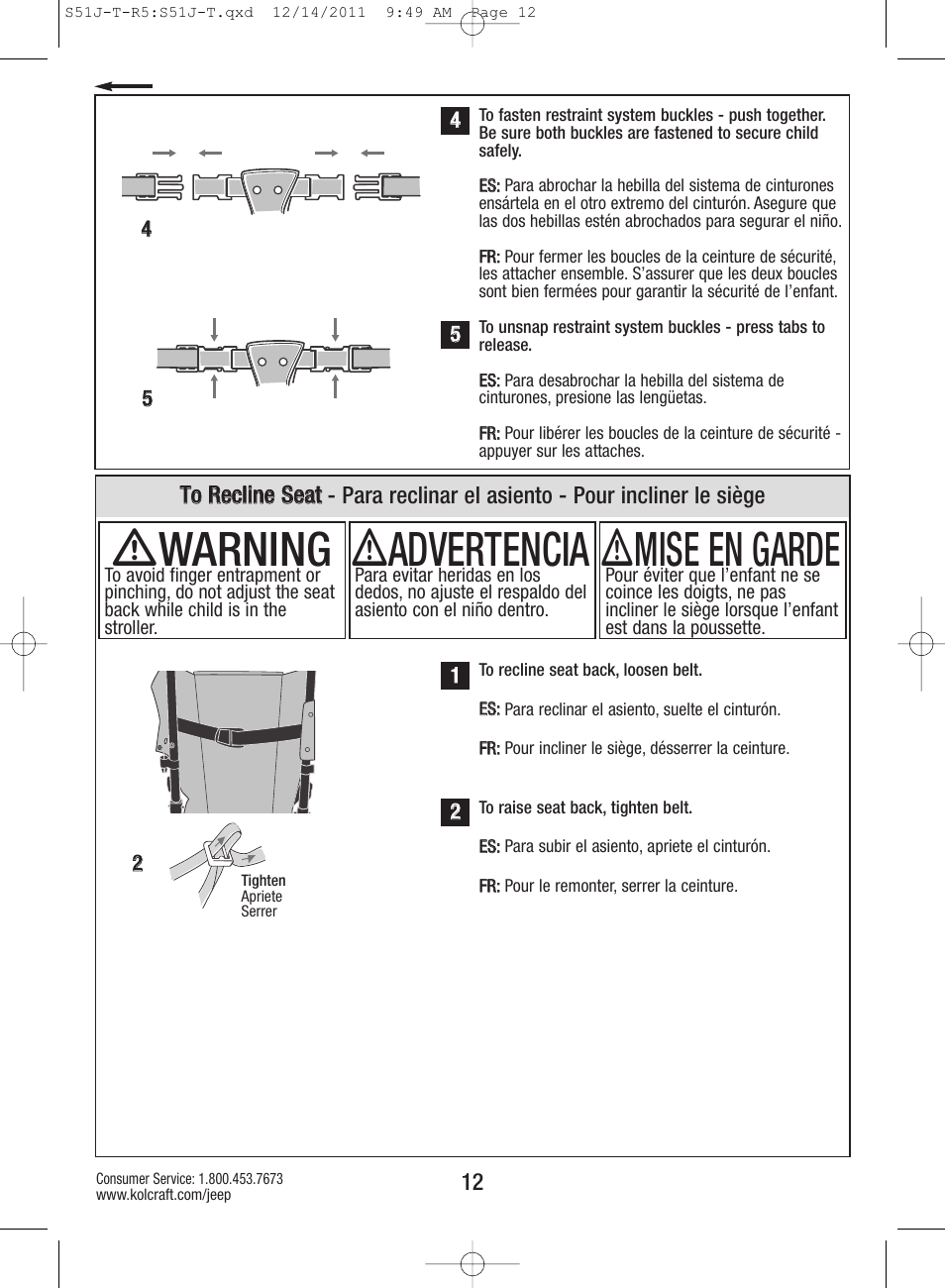 Ƽwarning, Ƽadvertencia, Ƽmise en garde | Kolcraft S51J-T-R5 User Manual | Page 12 / 20