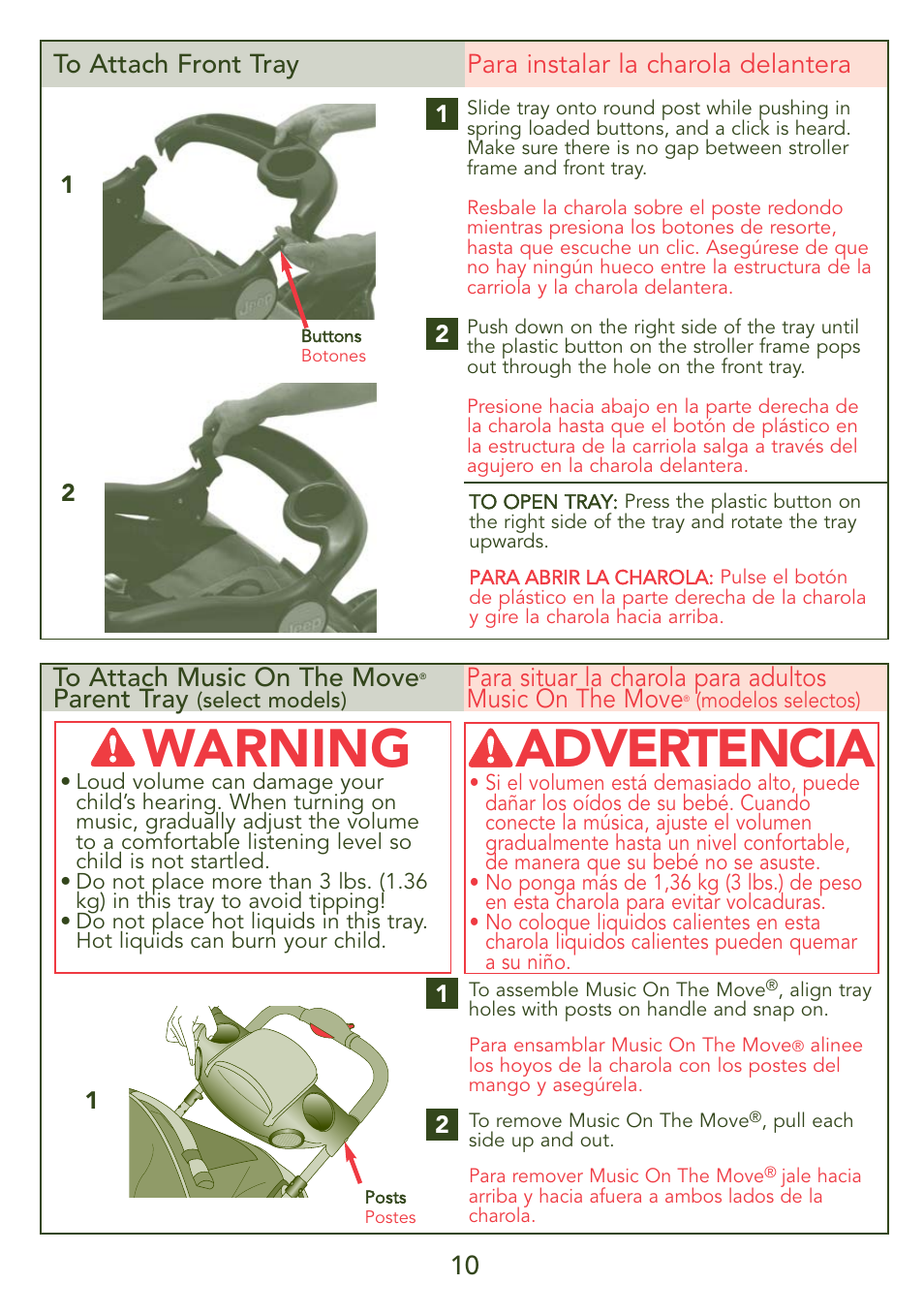 Warning, Advertencia, Parent tray | Kolcraft JEEP S56J-R3 User Manual | Page 10 / 28